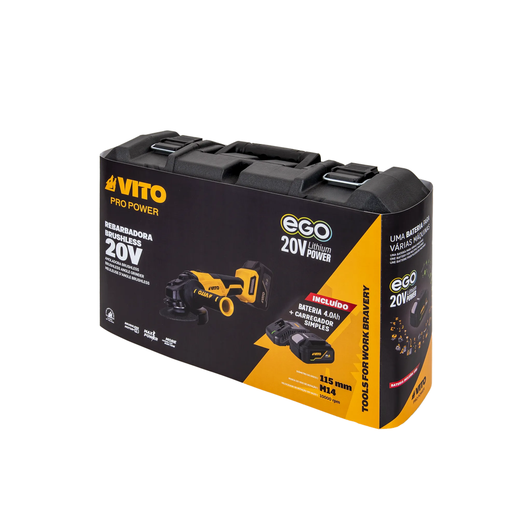 AMOLADORA BRUSHLESS 20V – 115MM + BATERÍA 4.0Ah + CARGADOR RÁPIDO + CAJA