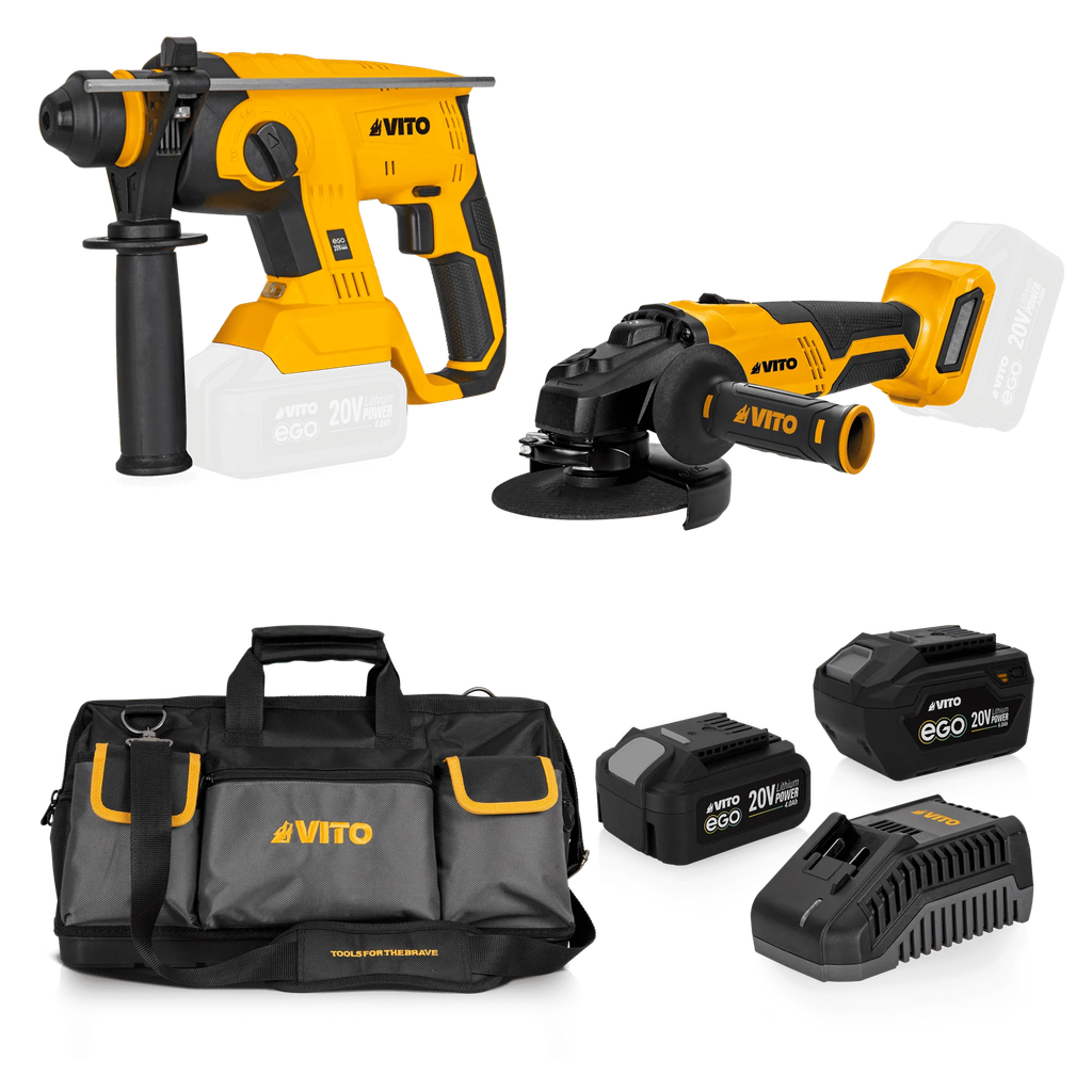 EGO PACK PRO: Rotary Hammer, Angle Grinder, Dual Charger, 2x Battery and Bag.