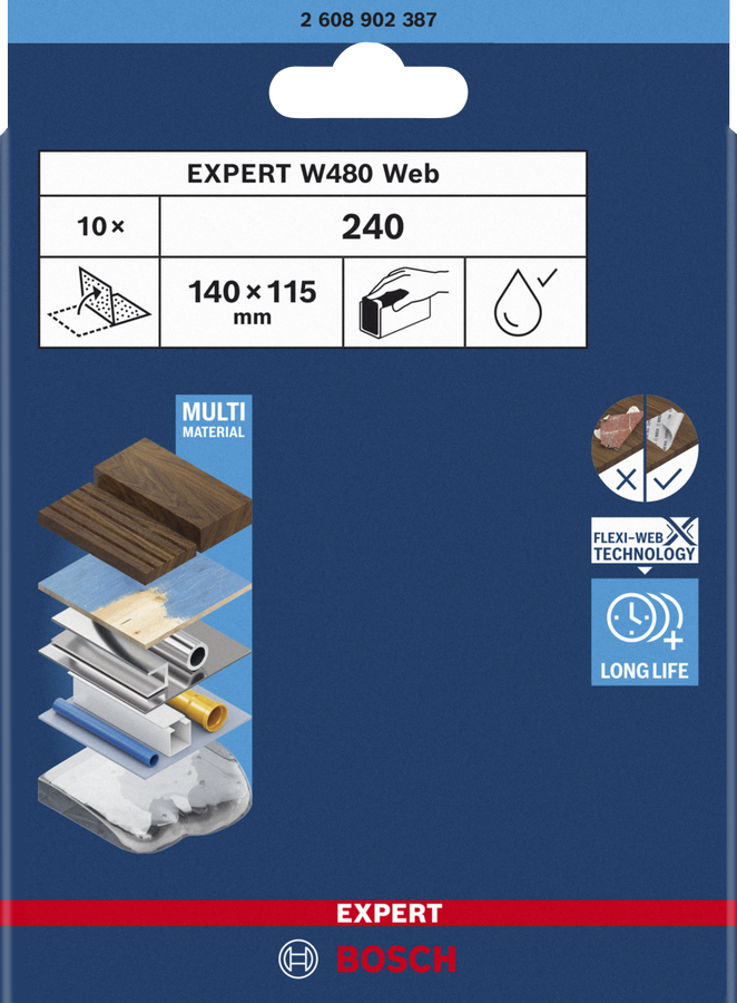 Hoja de lija para lijado a mano EXPERT W480 Web de 1/4 de pulgada, 115 x 140 mm, G240